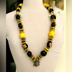 Kukui Nut Lei Necklace Turtle Charm Painted Floral Design Shells Beads Unique